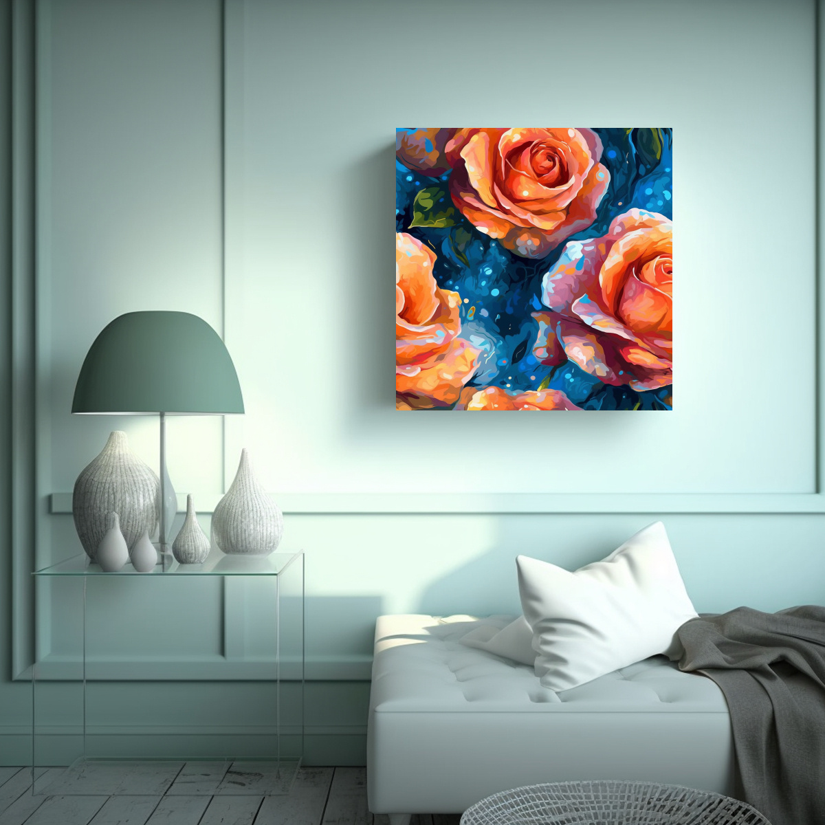 CUADRO ESTRELLADO EN TELA Y ROSAS EN ACUARELA 100X100 CM - 2