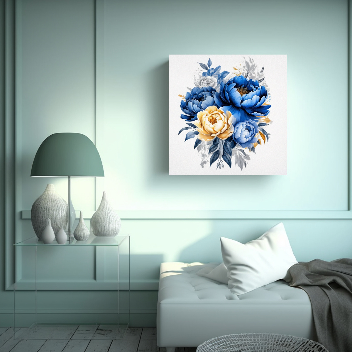 LIENZO INSPIRADOR: BOUQUET DE PEONIAS AZUL REAL 80X80 CM - 2