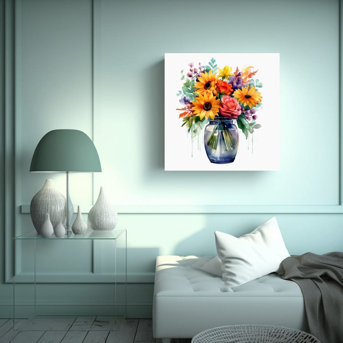 DETALLE ACUARELA: JARRÓN DE FLORES VIVIDAS EN 60X60 CM - 2
