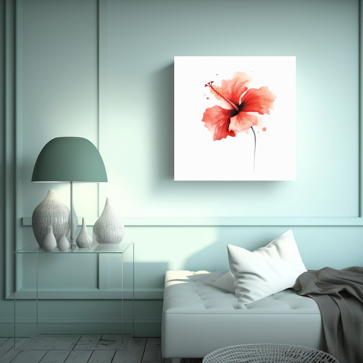 ILUSTRACIÓN MINIMALISTA DE HIBISCO ROJO EN CANVA 20X20 CM - 2