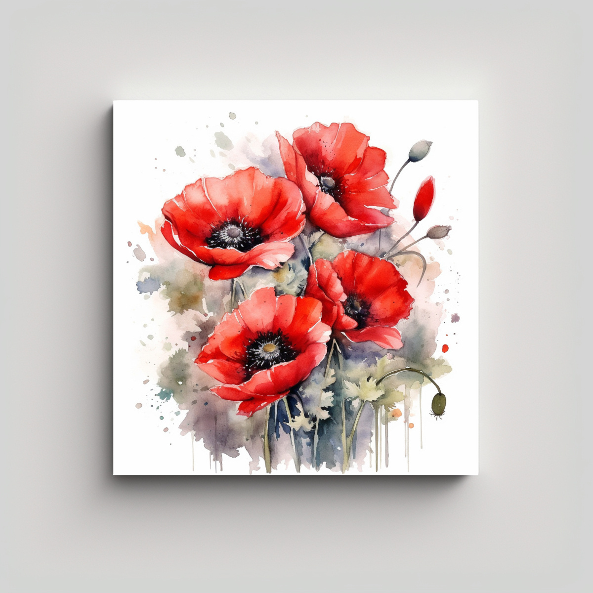 PINTURA ACUARELA DE AMAPOLAS ROJAS EN LIENZO DE 60X60 CM - 1