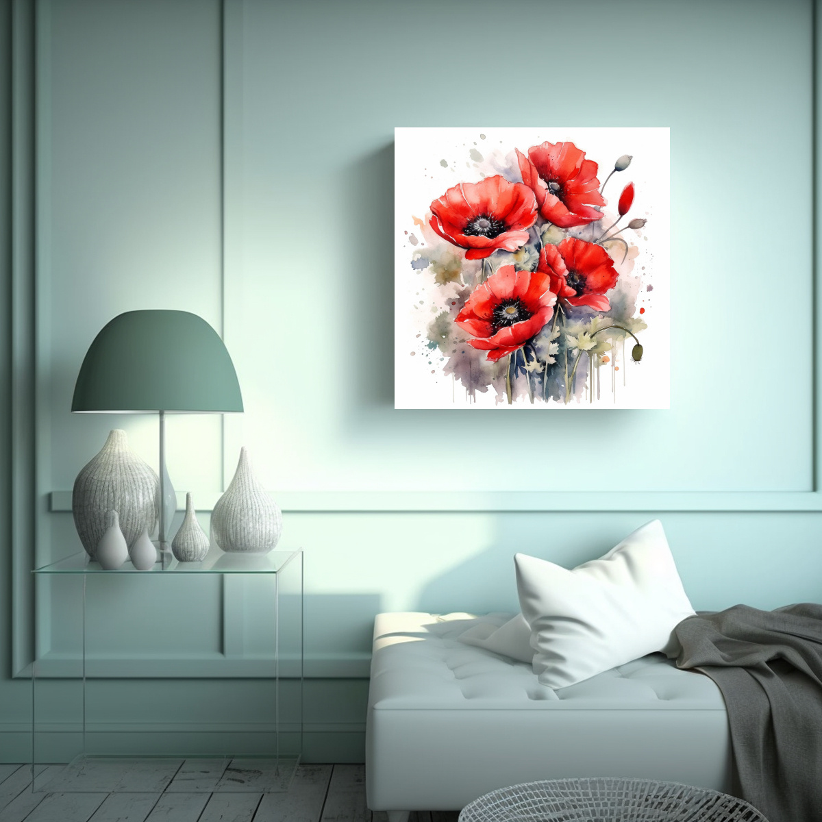 PINTURA ACUARELA DE AMAPOLAS ROJAS EN LIENZO DE 60X60 CM - 2
