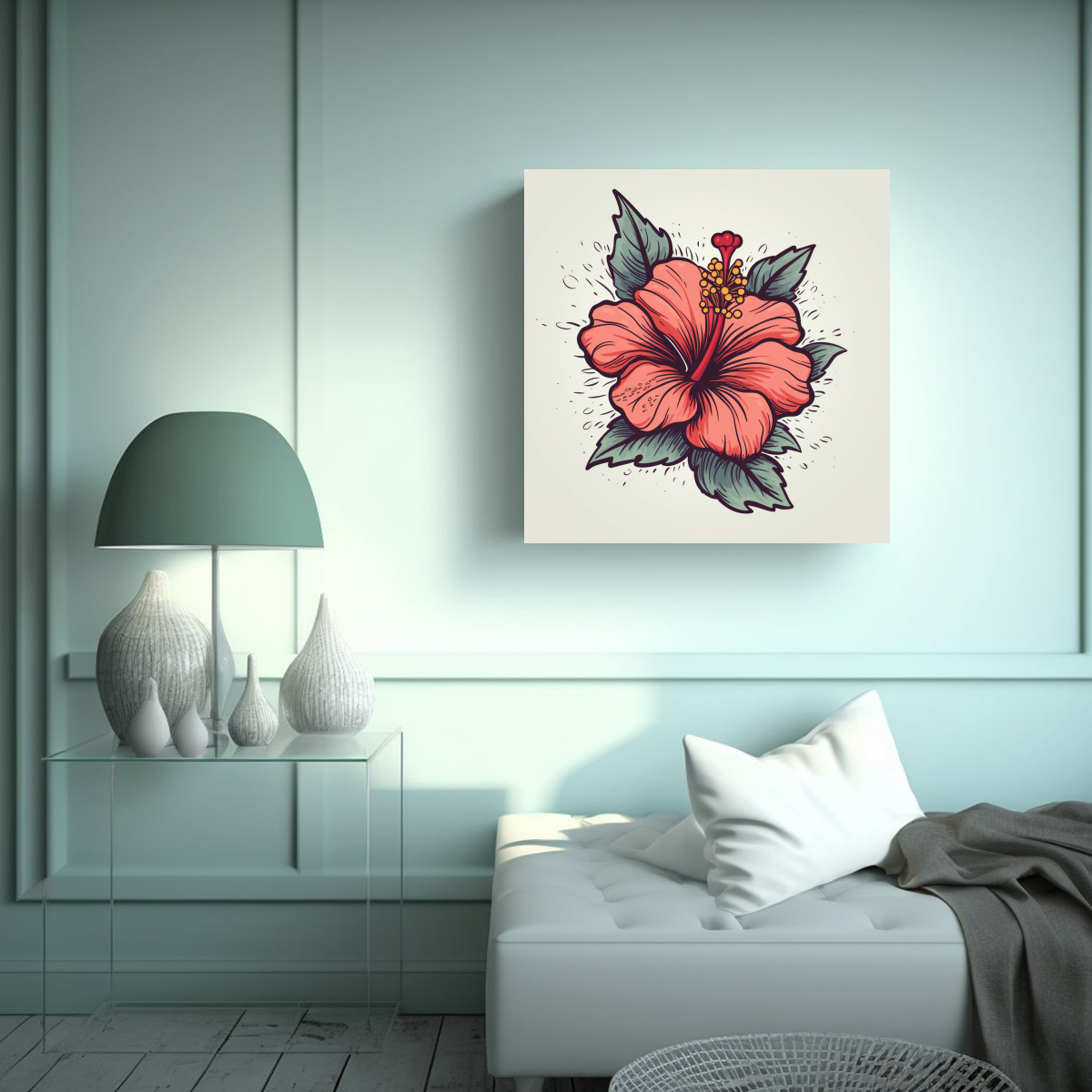 ILUSTRACIÓN HIBISKUS EN DOODLE: CUADRO 40X40 CM - 2