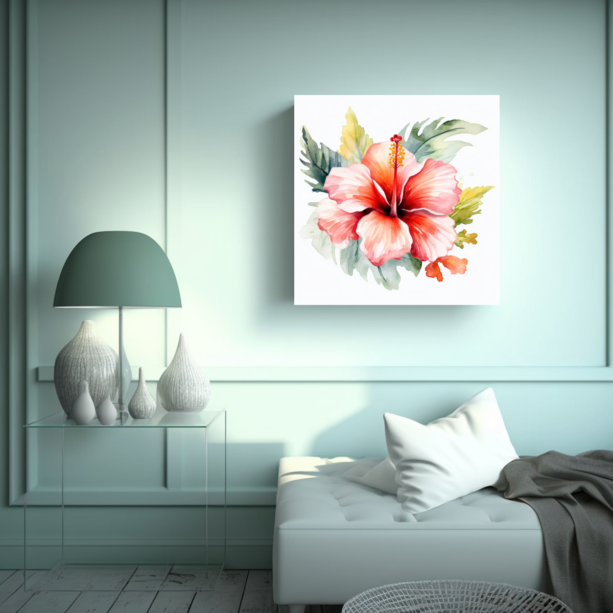 ARTE MODERNO EN BASTIDOR: HIBISCUS EN ACUARELA - 30X30 CM - 2