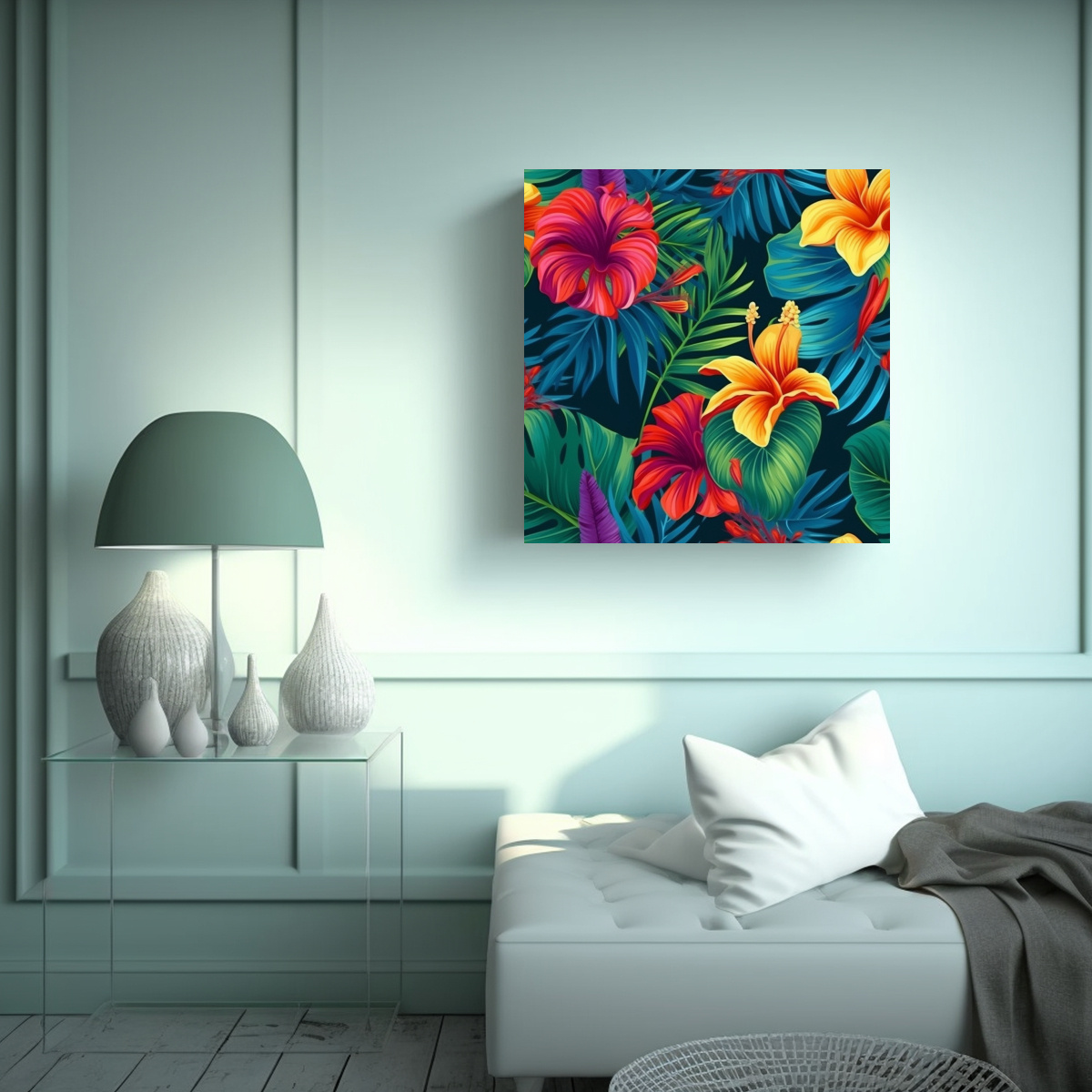 DISEÑO INTRINCADO DE FLORES TROPICALES EN ÓLEO 100X100 CM - 2