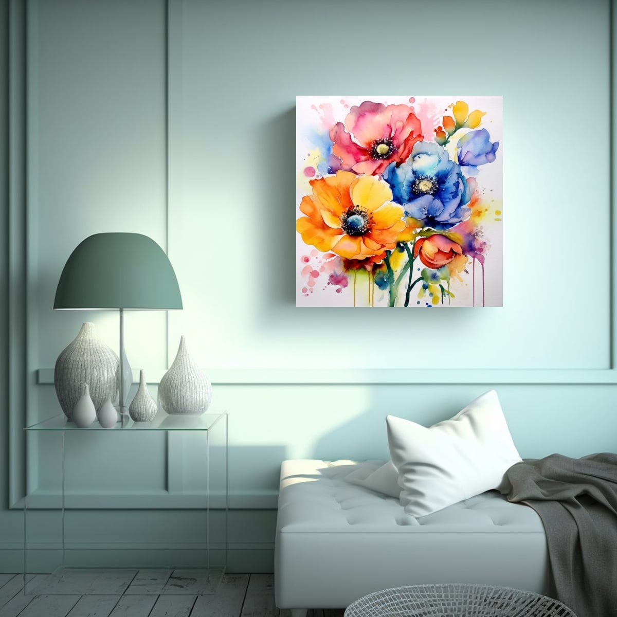 FOTOGRAFÍA DE FLORES ACUARELA COLORIDAS: 100X100 CM - 2