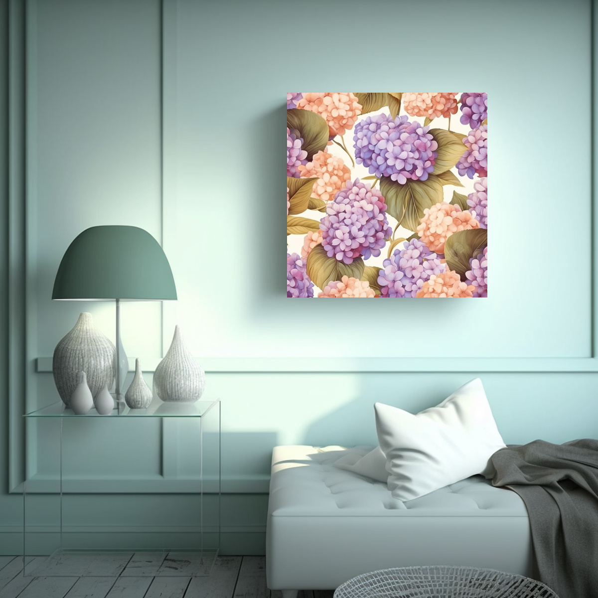 LIENZO PROFUNDO DE HYDRANGEAS LILA CON PATRÓN DE 90X90 CM - 2