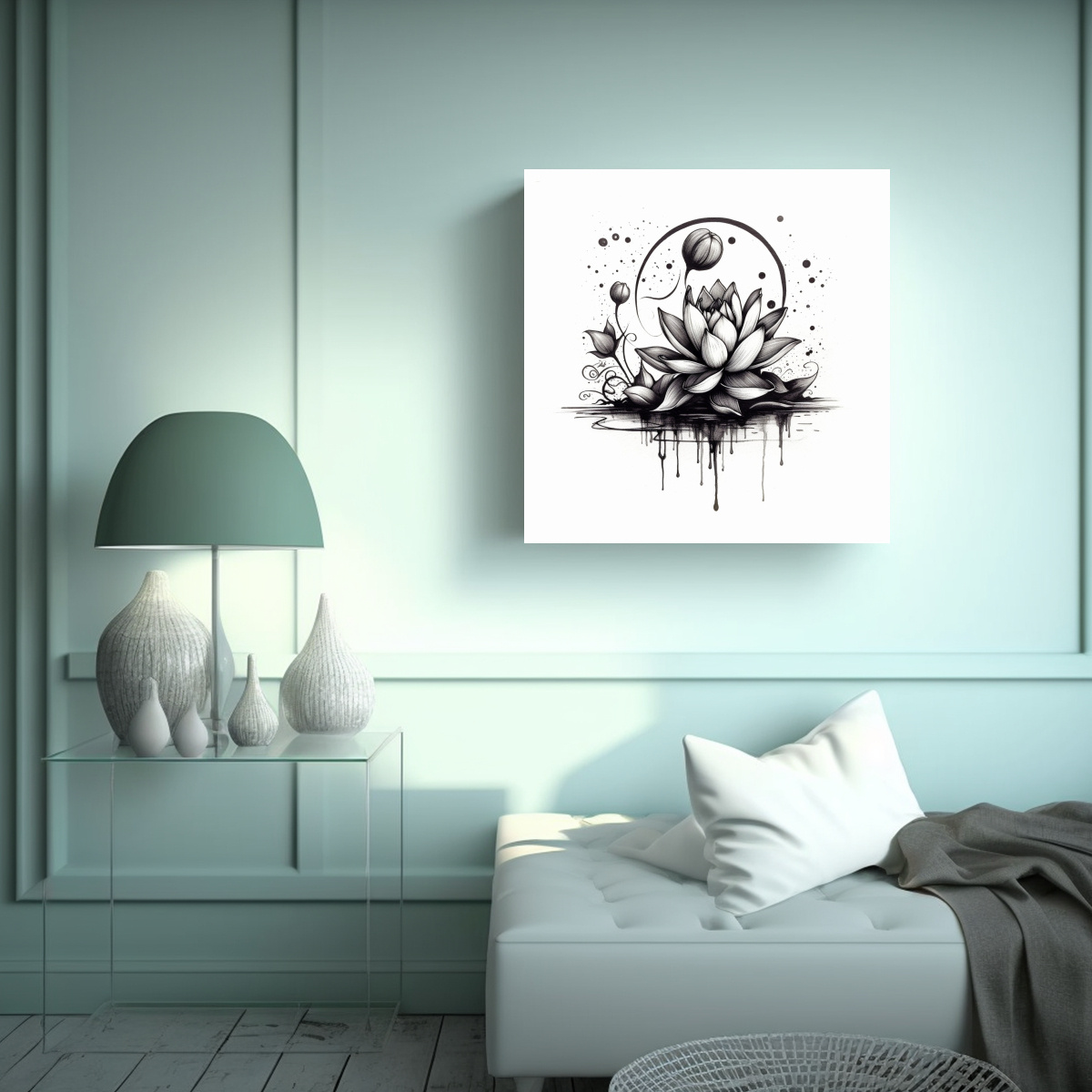 CUADRO ESPACIAL LOTUS Y LUNA EN TINTA INDIA - 60X60 CM - 2