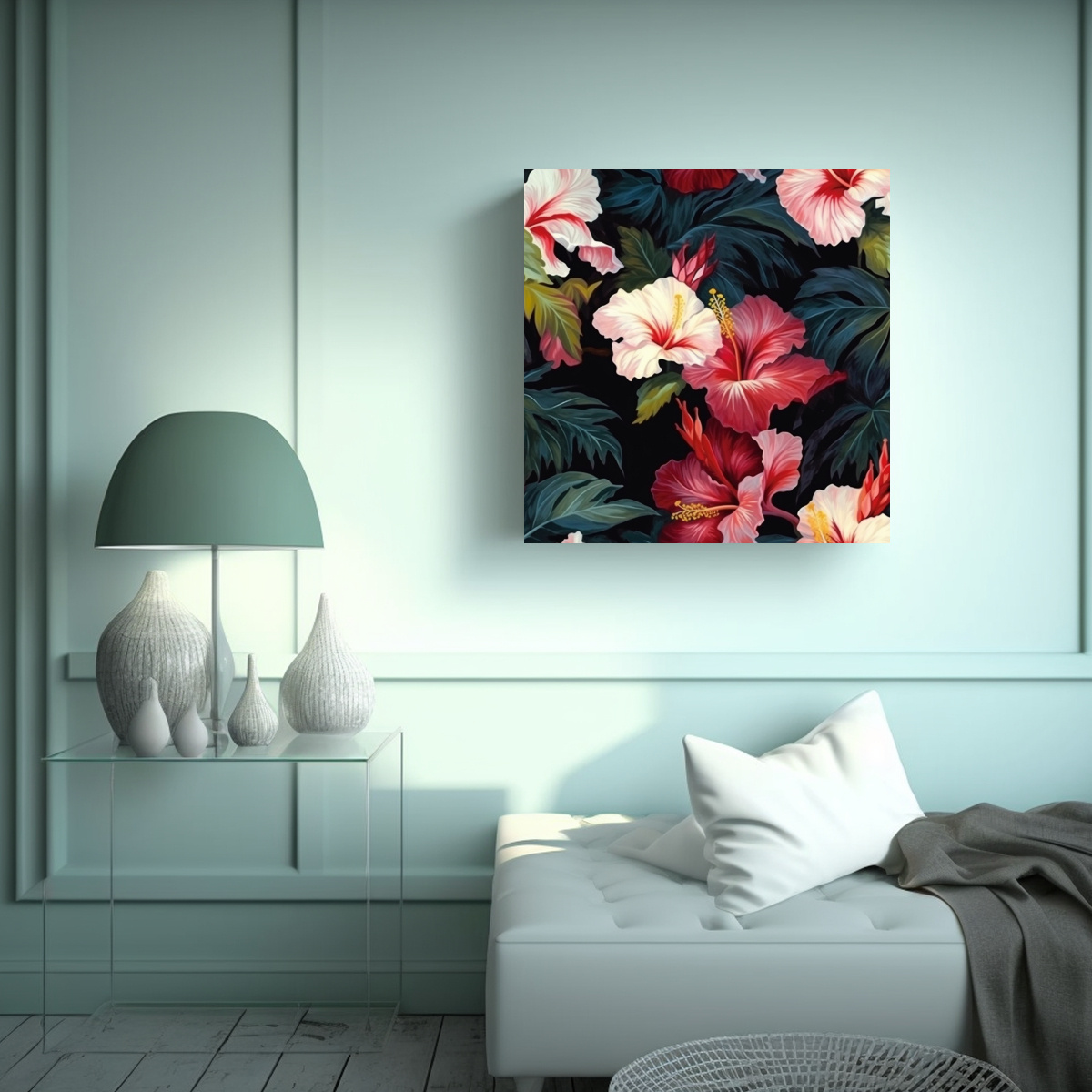 PINTURA VINTAGE ELEGANTE DE HIBISCUS CHINO: ARTE 90X90 CM - 2