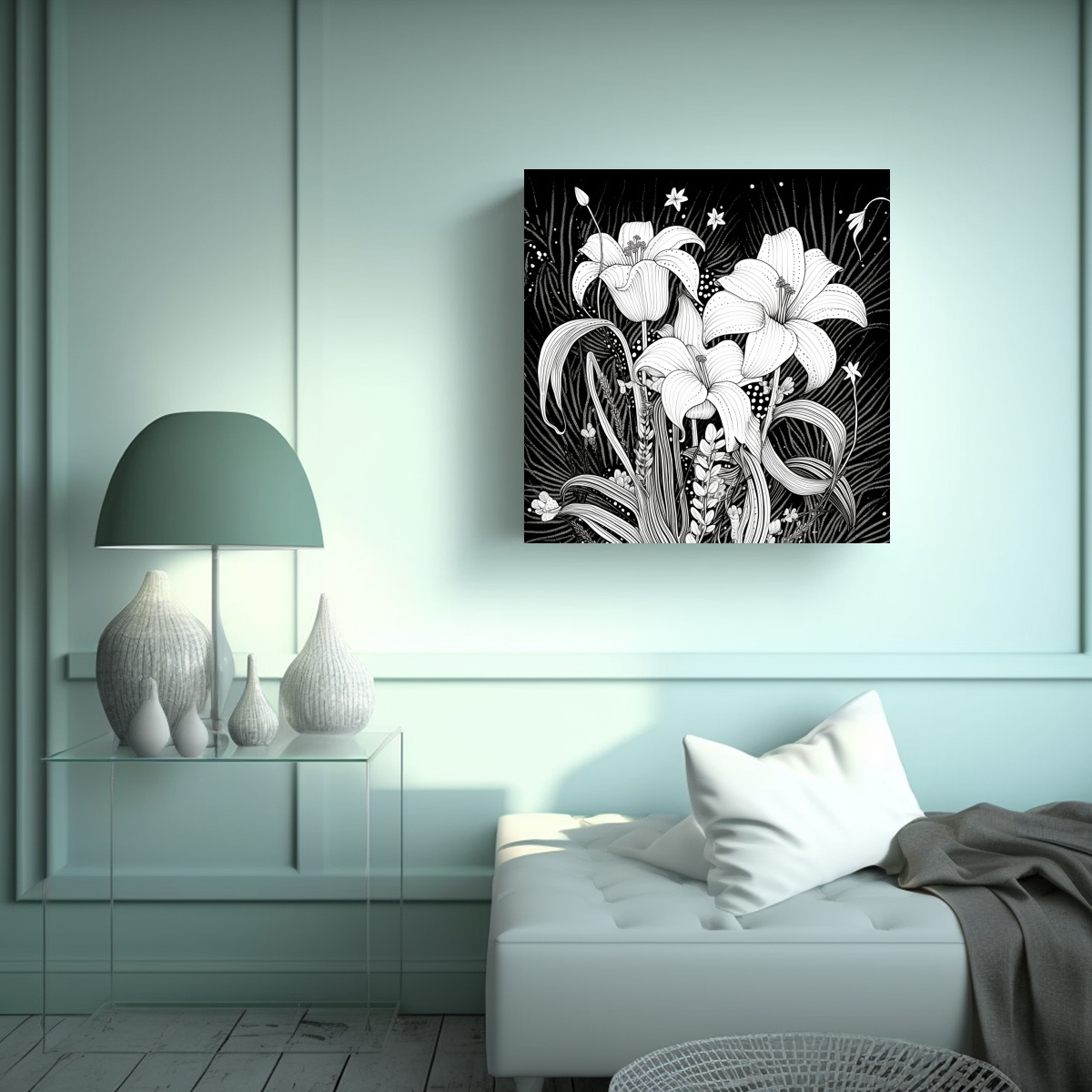 LIENZO SURREALISTA EN BLANCO Y NEGRO CON DIBUJOS 90X90 CM - 2