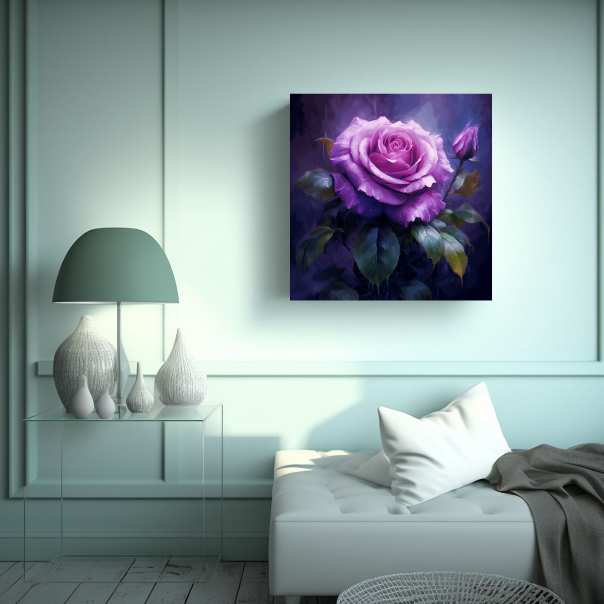 DECORACIÓN DE PARED CON ROSA PÚRPURA Y LIENZO 60X60 CM - 2