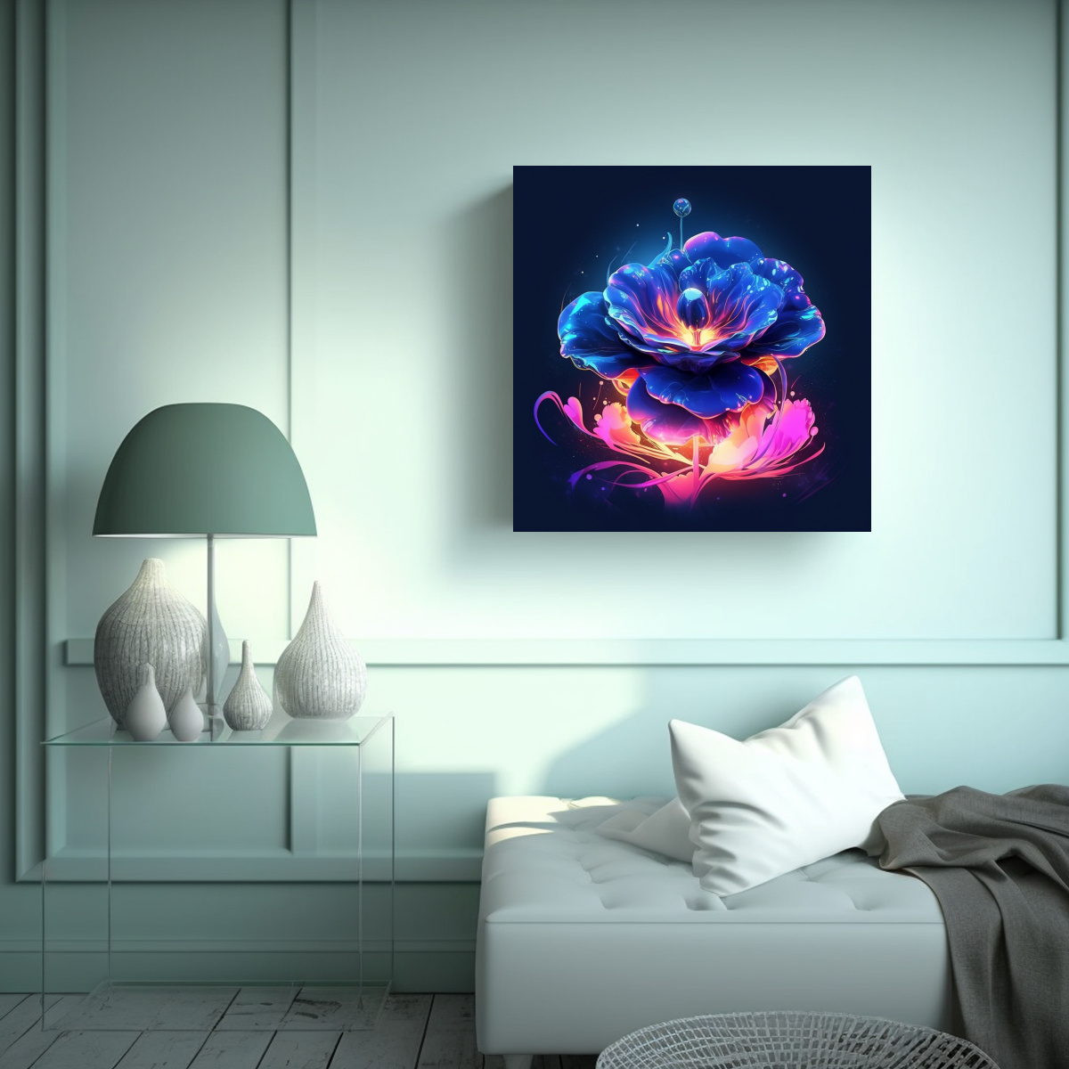 CUADRO FLORAL CON FONDO AZUL PARA DECORACIÓN DE 40X40 CM - 2