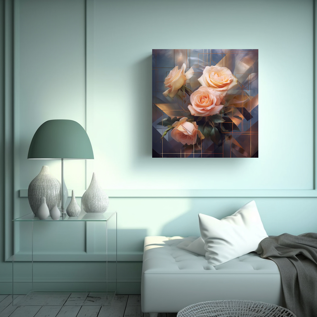 CUADRO DE LUJO CON ROSAS Y GEO ARTE EN TELA DE 90X90 CM - 2