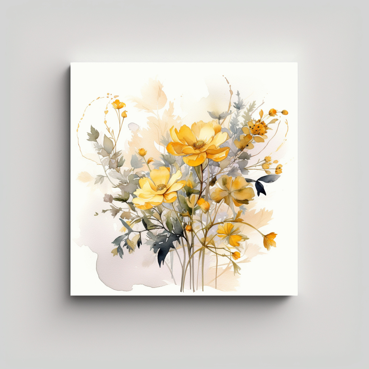 ILUSTRACIÓN FLORAL EN ACUARELA AMARILLA: ARTE DE 70X70 CM - 1