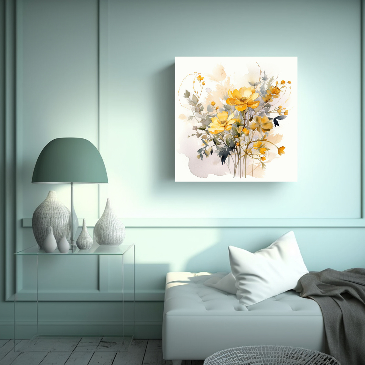 ILUSTRACIÓN FLORAL EN ACUARELA AMARILLA: ARTE DE 70X70 CM - 2