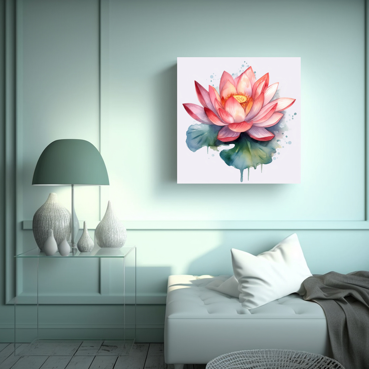 LIENZO ABSTRACTO CON FLOR DE LOTO EN ACUARELA: 50X50 CM - 2