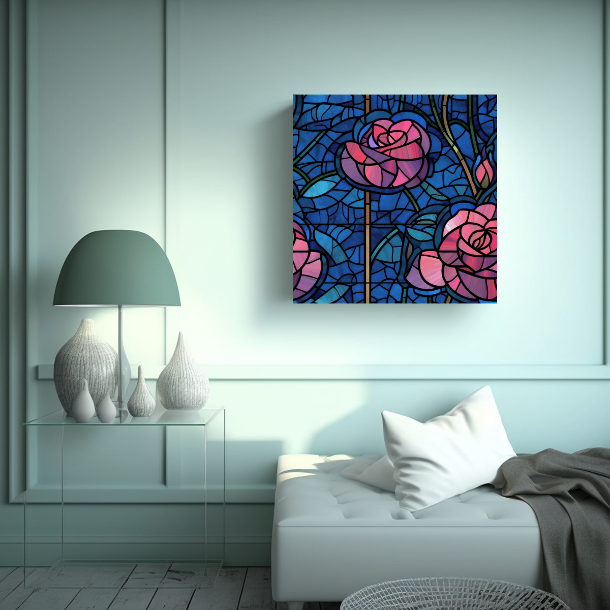PATRÓN SEAMLESS DE ROSA EN VIDRIO MANCHADO Y 90X90 CM - 2