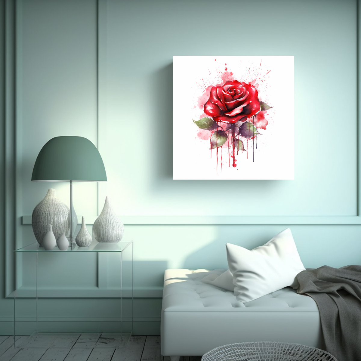 CUADRO DECORATIVO: ROSA ROJA ACUARELA Y 60X60 CM - 2