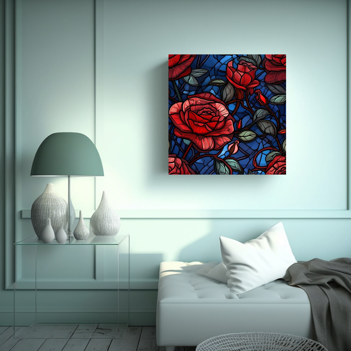 ARTE DE PARED SUBLIMADA: ROSAS ROJAS EN VIDRIERA 80X80 CM - 2