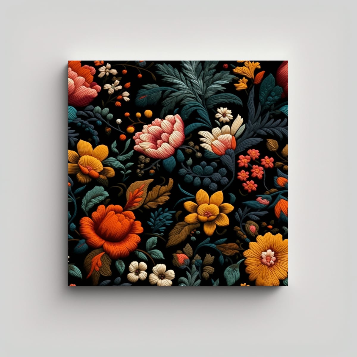 CUADRO DE BORDADO FLORAL ELEGANTE EN TONOS OSCUROS 40X40 CM - 1