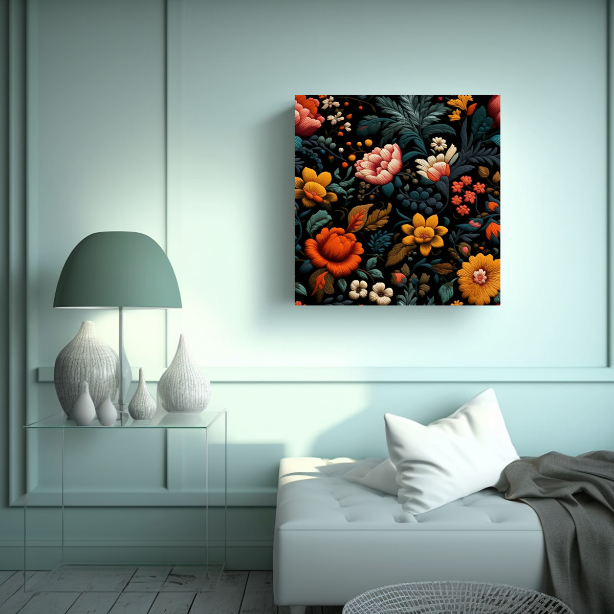 CUADRO DE BORDADO FLORAL ELEGANTE EN TONOS OSCUROS 40X40 CM - 2