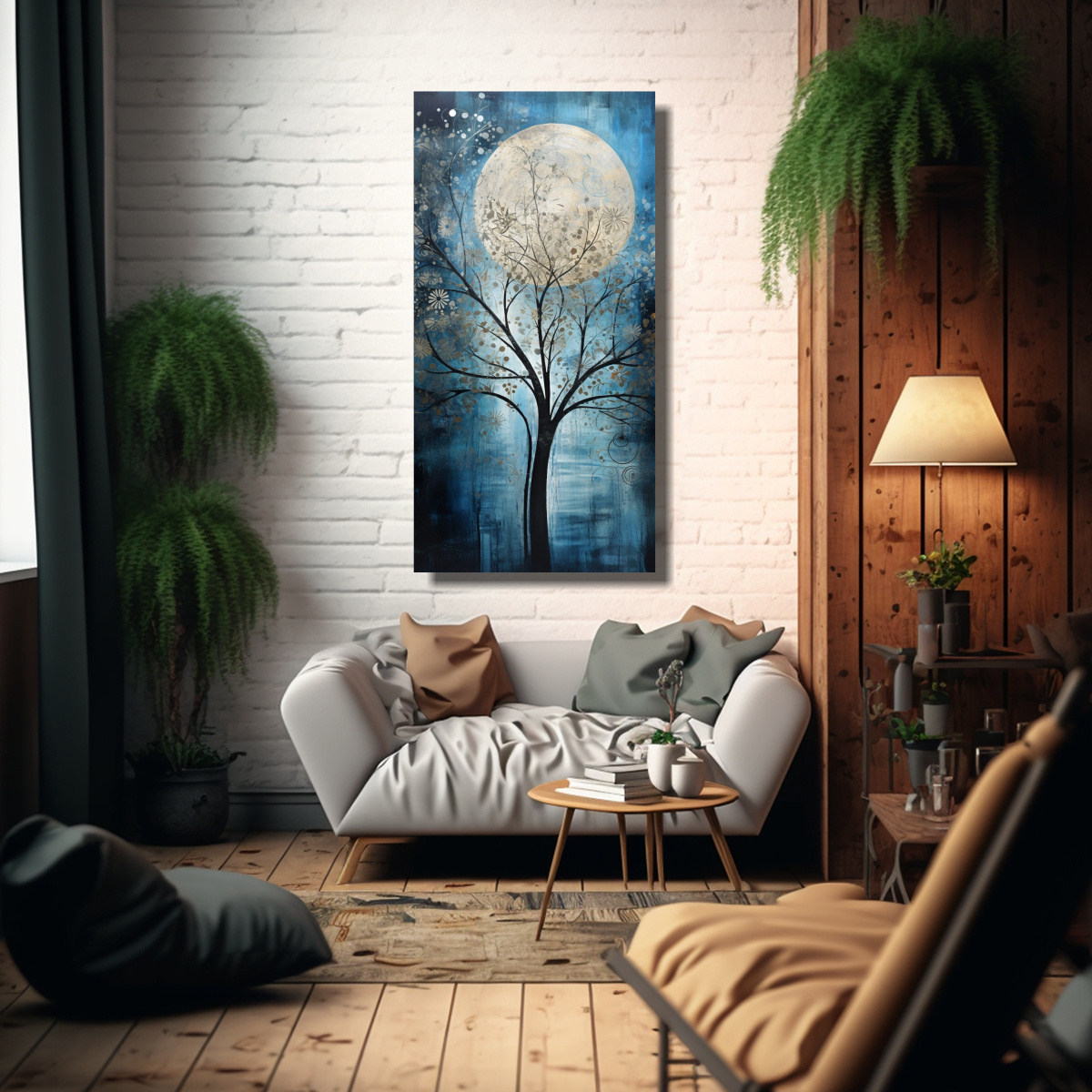 CUADRO DISEÑO SALON ÁRBOL EN AZUL Y PLATEADO EN 30X60 CM - 2
