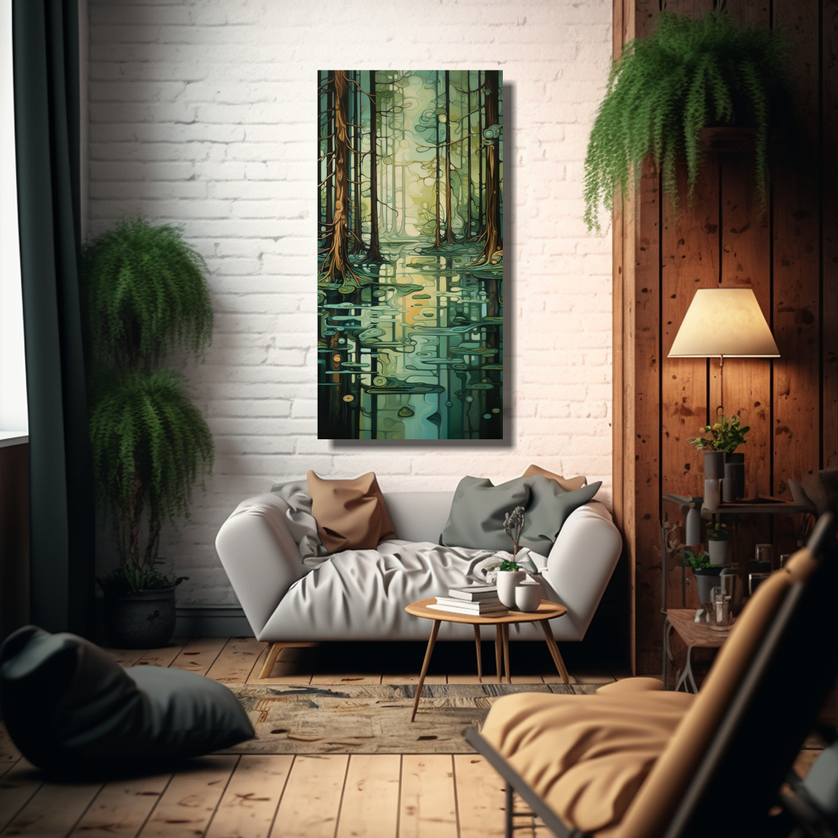 CUADRO ABSTRACTO DE UN HERMOSO ESTANQUE FORESTAL 80X160 CM - 2