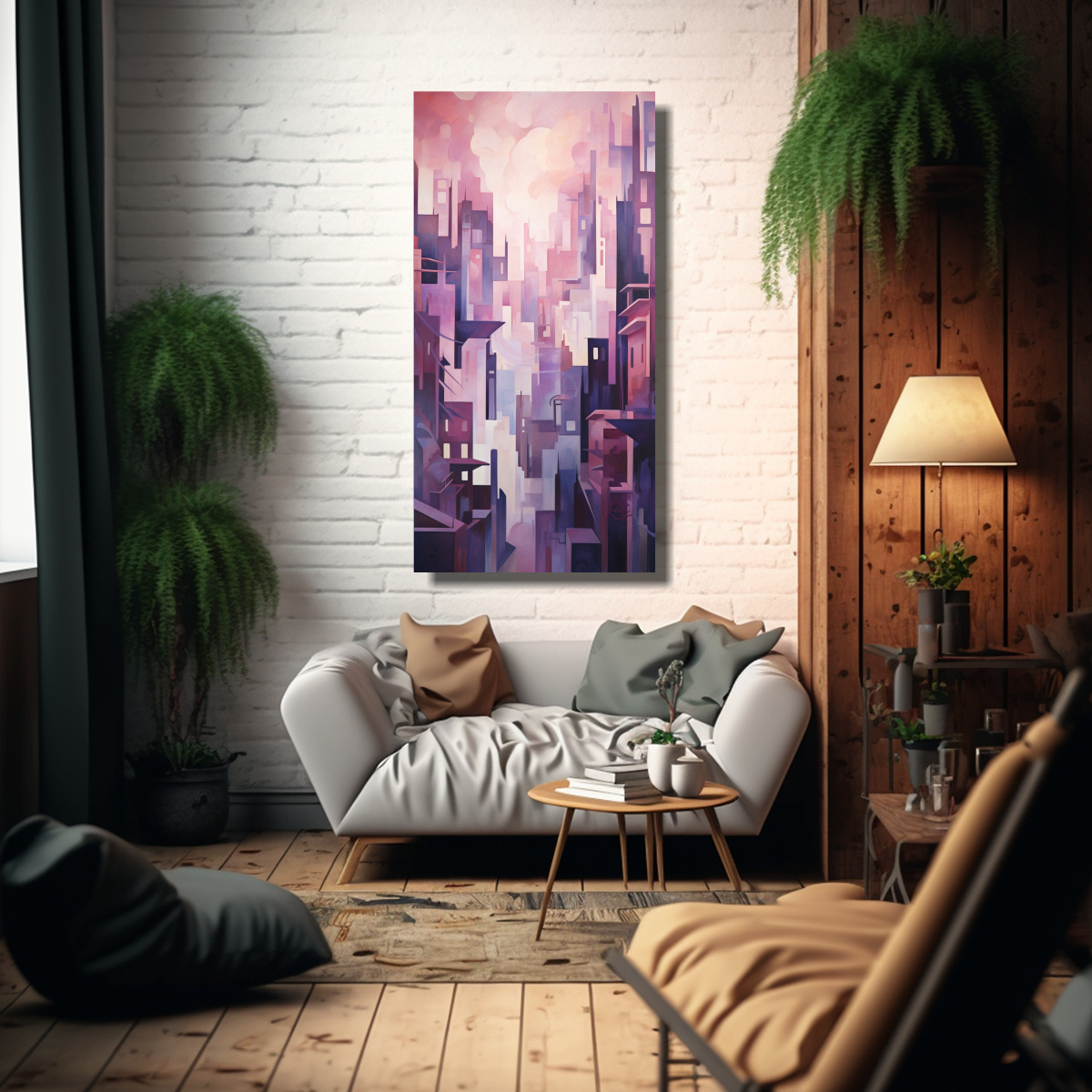 PAISAJE URBANO AL ATARDECER PINTURA DECORATIVA 70X140 CM - 2