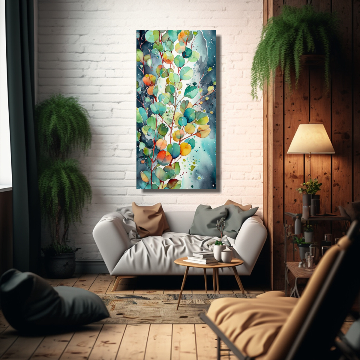PINTURA DE PARED ABSTRACTA CON HOJAS DE EUCALIPTO 30X60 CM - 2