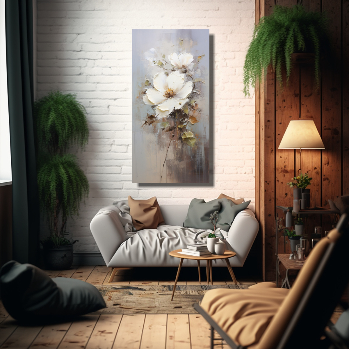 PINTURA DE FLORES BLANCAS EN LIENZO ESTILO ESCENA 70X140 CM - 2