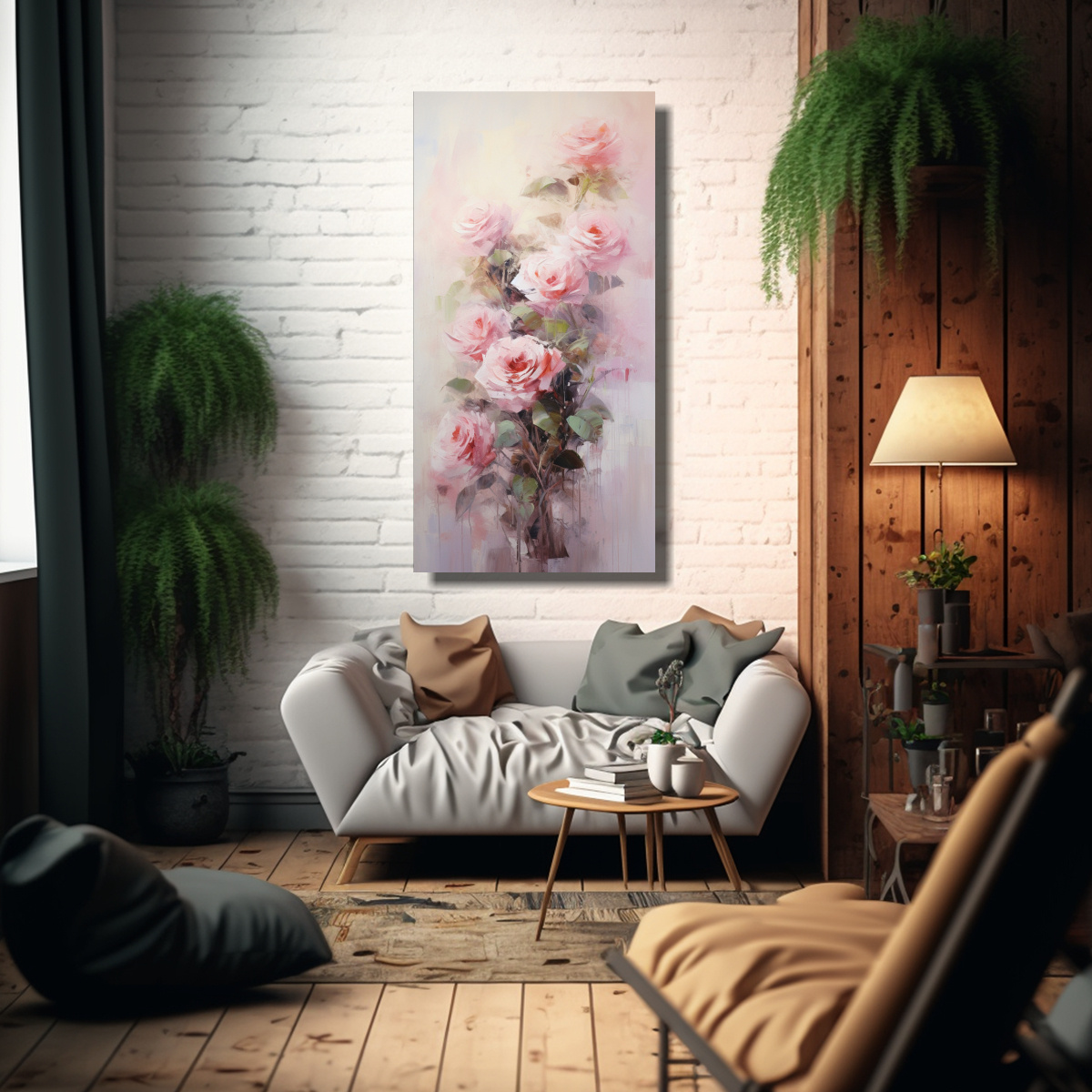PINTURA EN LIENZO VERTICAL DE ROSAS ROSADAS EN EL 80X160 CM - 2