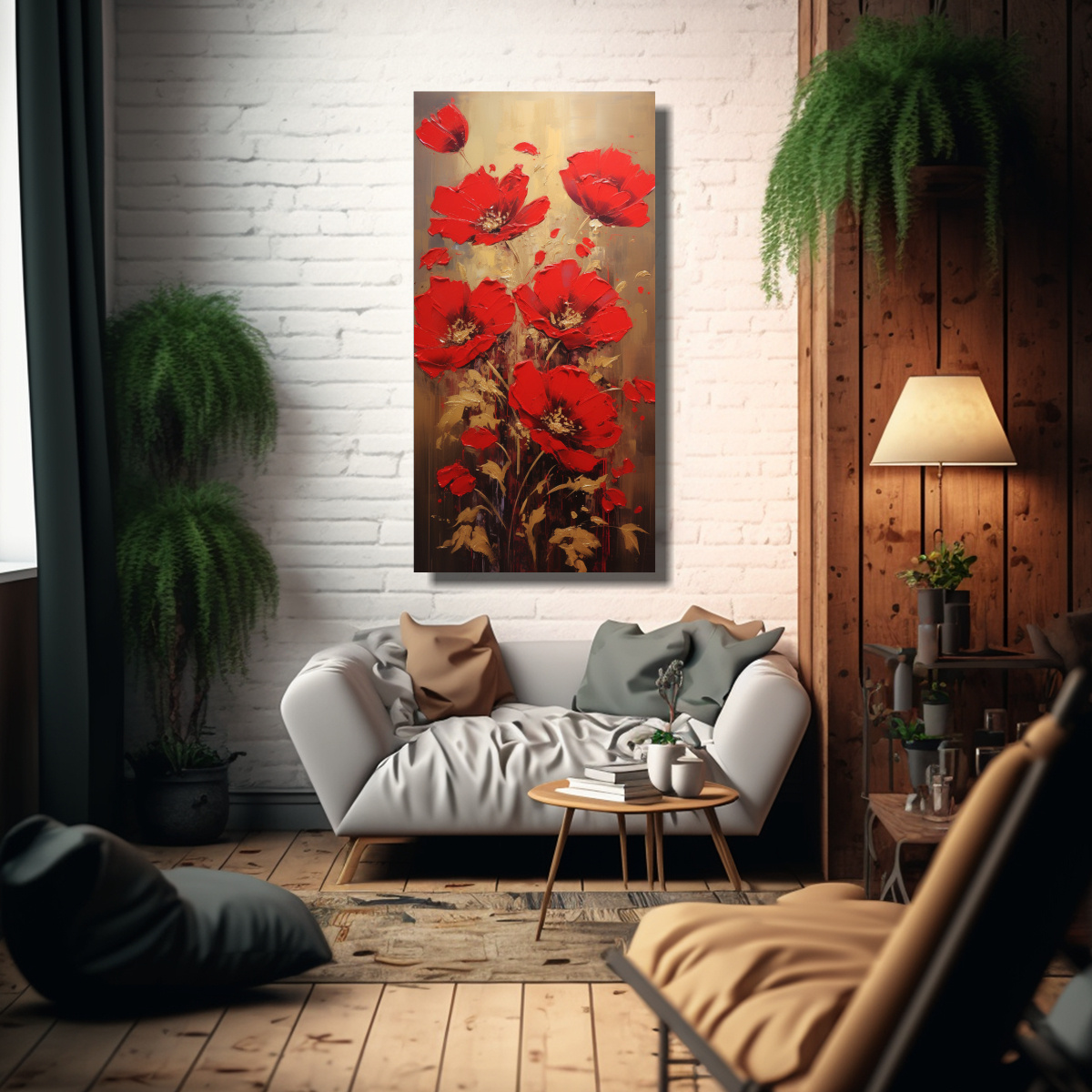 PINTURA AL ÓLEO DE FLORES EN COLORES ROJO Y 80X160 CM - 2