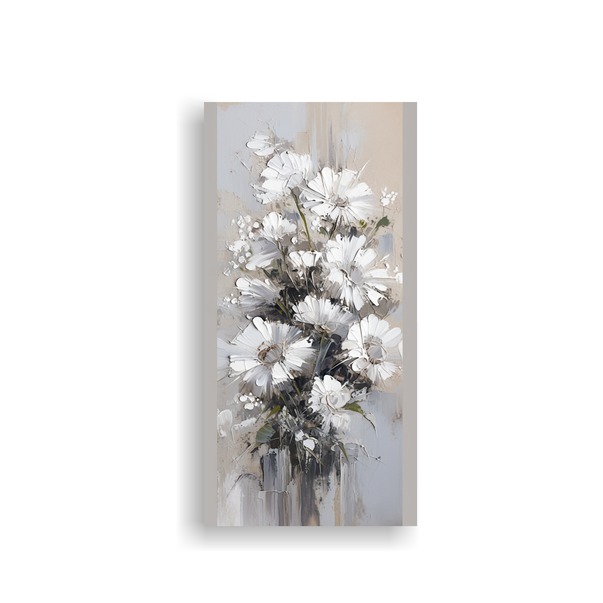 PINTURA LIENZO PROTAGONISMO BLANCO Y PLATA FLORES 80X160 CM - 1