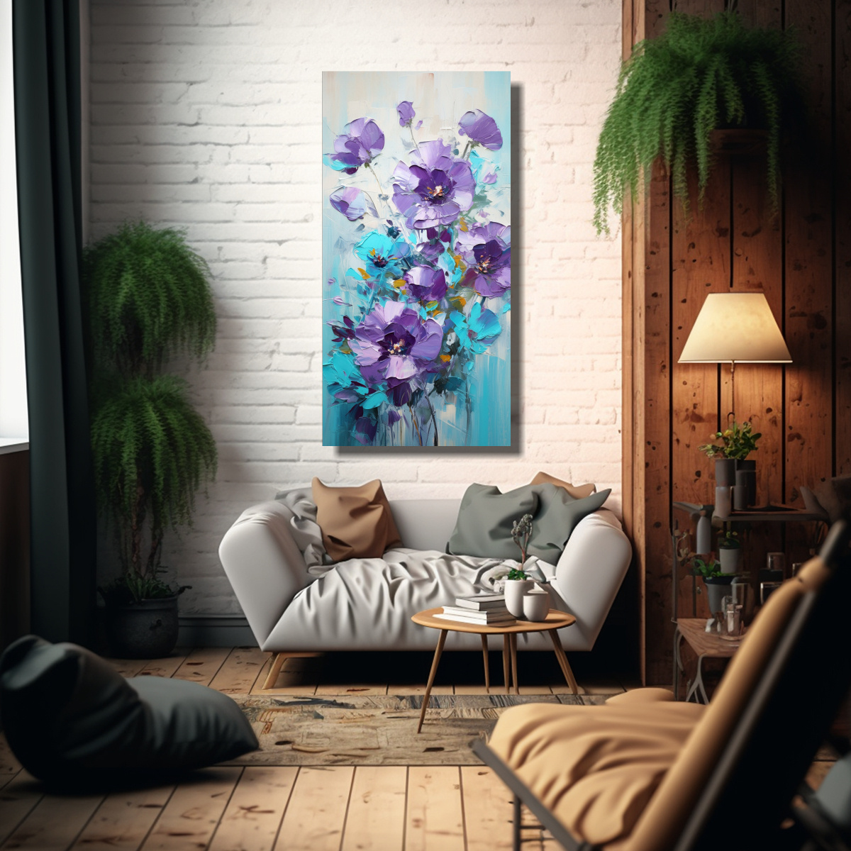CUADRO LÍNEAS FINAS MORADO Y TURQUESA PINTURA DE 50X100 CM - 2