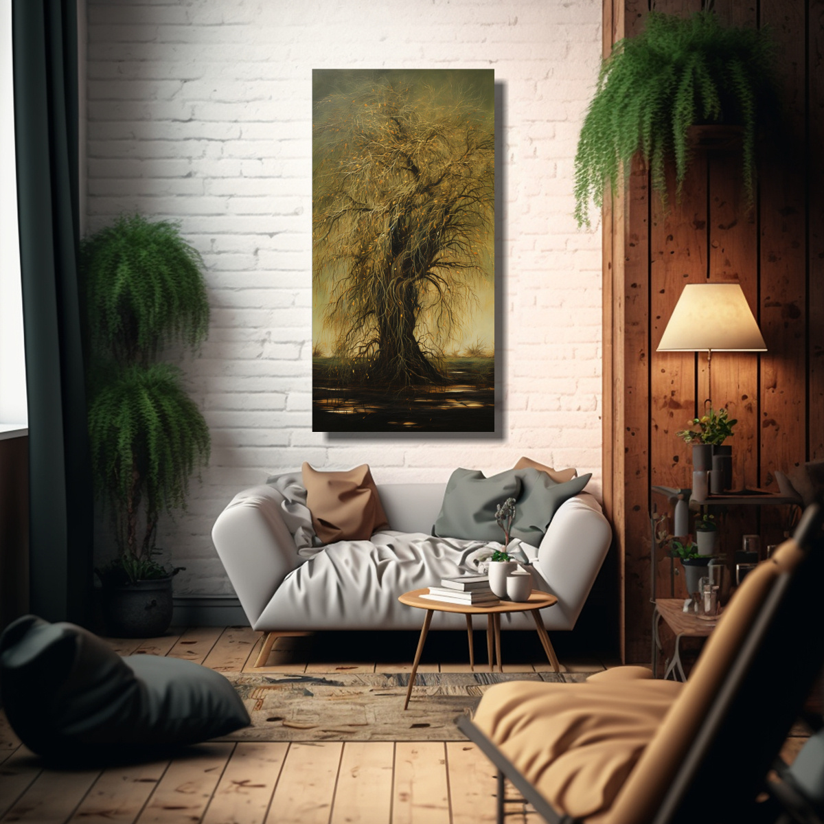 CUADRO ABSTRACTO LÍNEA DE ÁRBOL DE SAUCE, 40X80 CM - 2
