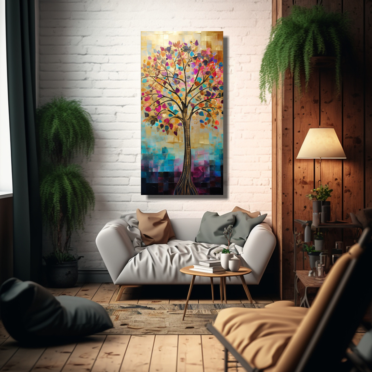 CUADRO DECORATIVO CON ÁRBOL DORADO Y ARCOÍRIS 70X140 CM - 2