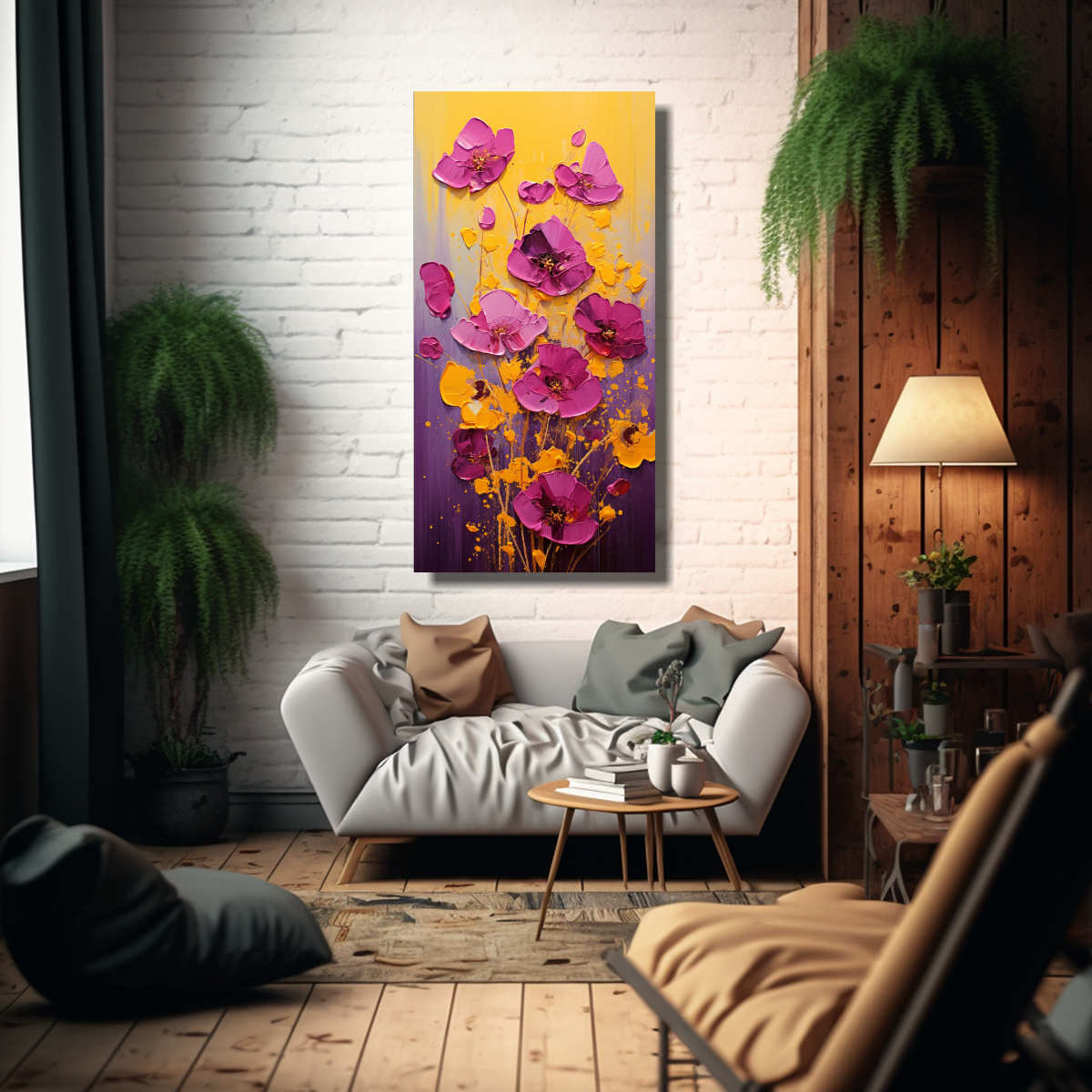 PINTURA EN LIENZO DE FLORES AMARILLO Y MAGENTA EN 60X120 CM - 2