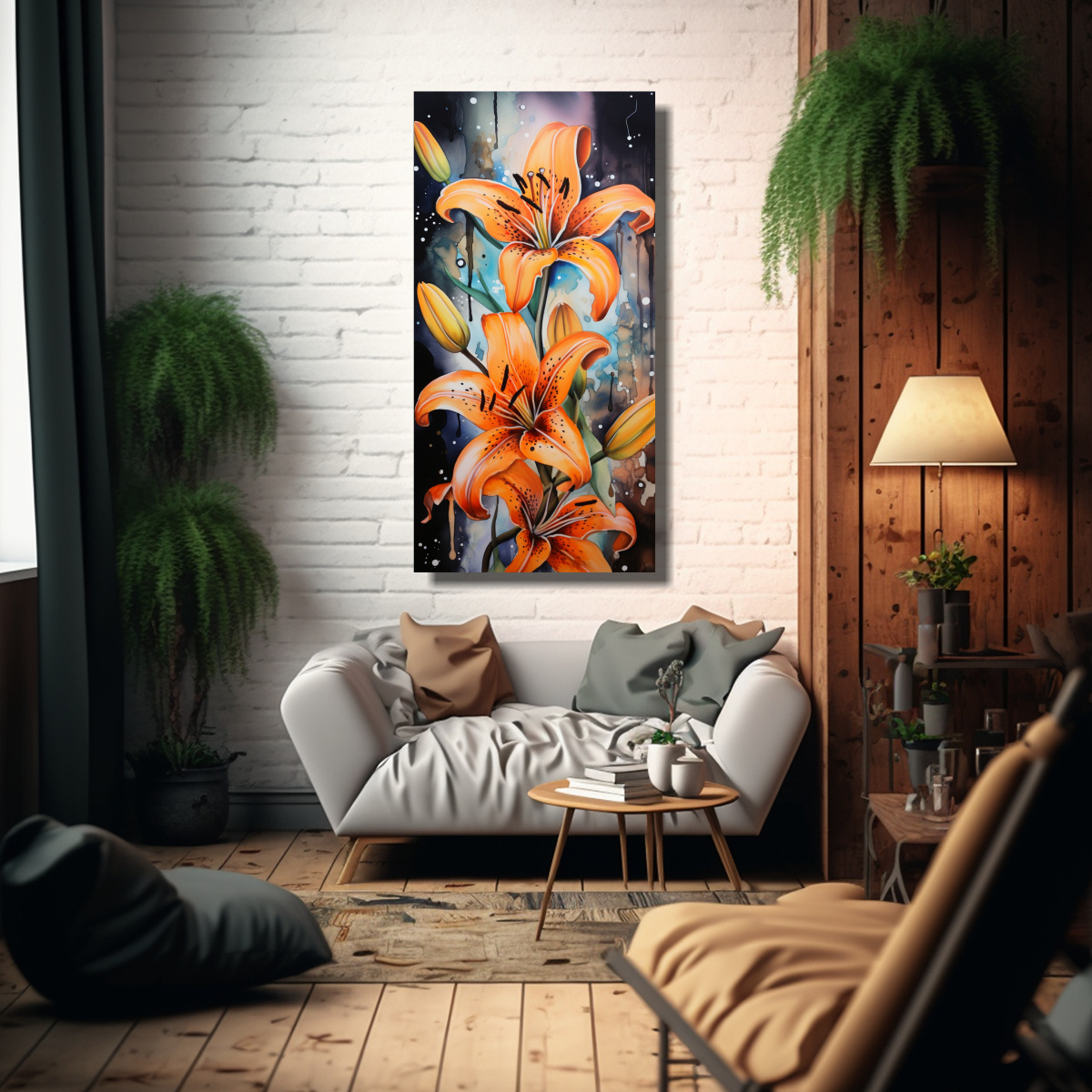 PINTURA ABSTRACTA LIRIOS NARANJA Y NEGRO EN 70X140 CM - 2