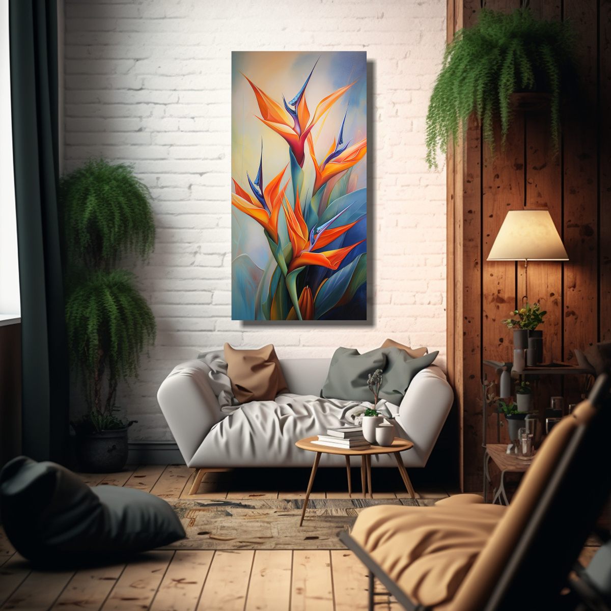 PINTURA ABSTRACTA DE FLORES DEL AVE DEL PARAÍSO, 70X140 CM - 2