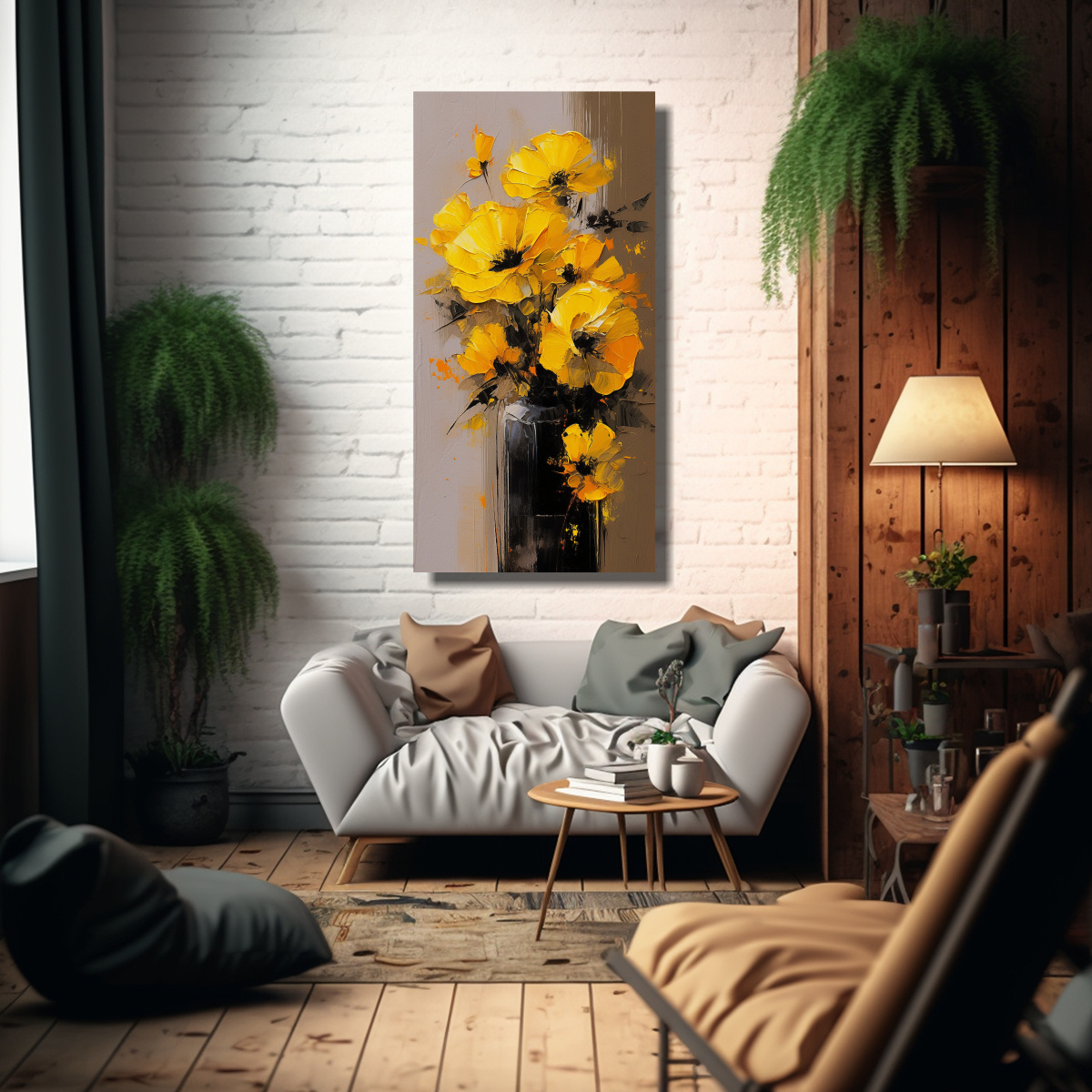 PINTURA DE FLORES AMARILLAS Y NEGRAS EN LIENZO DE 60X120 CM - 2