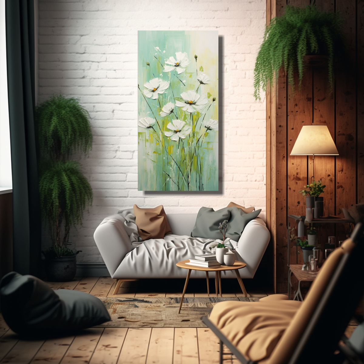 CUADRO DIBUJO COLORES VIBRANTES FLORES VERDES 60X120 CM - 2