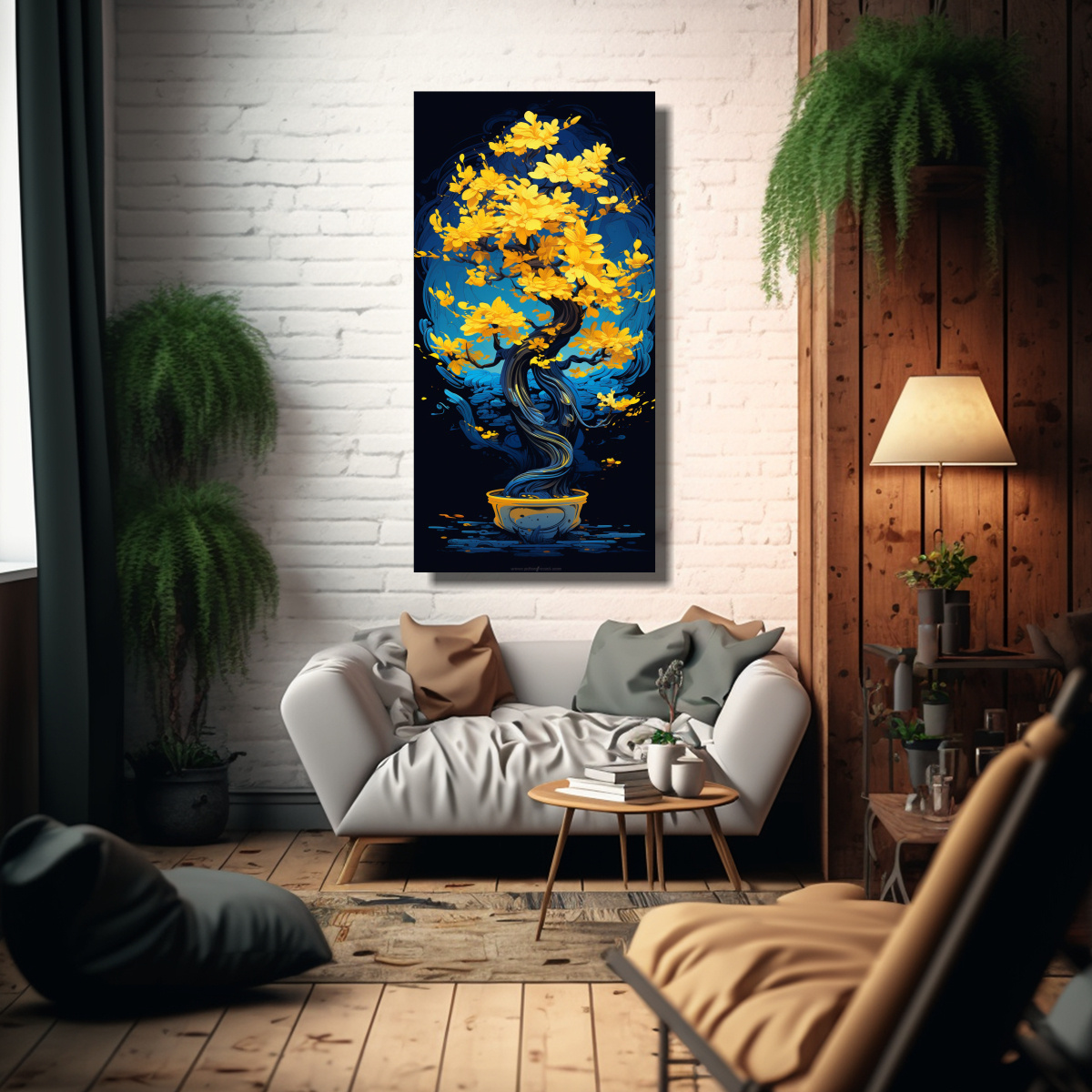 PINTURA DECORATIVA CUADRO BONSÁI EN AMARILLO Y 70X140 CM - 2