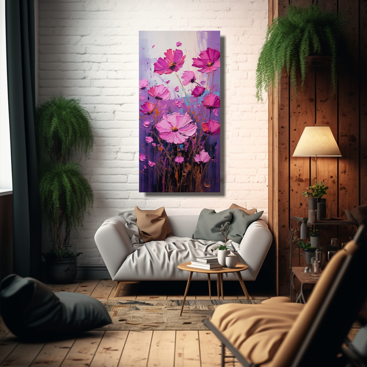 CUADRO LUMINOSO FLORES MORADAS Y MAGENTA EN TELA 50X100 CM - 2