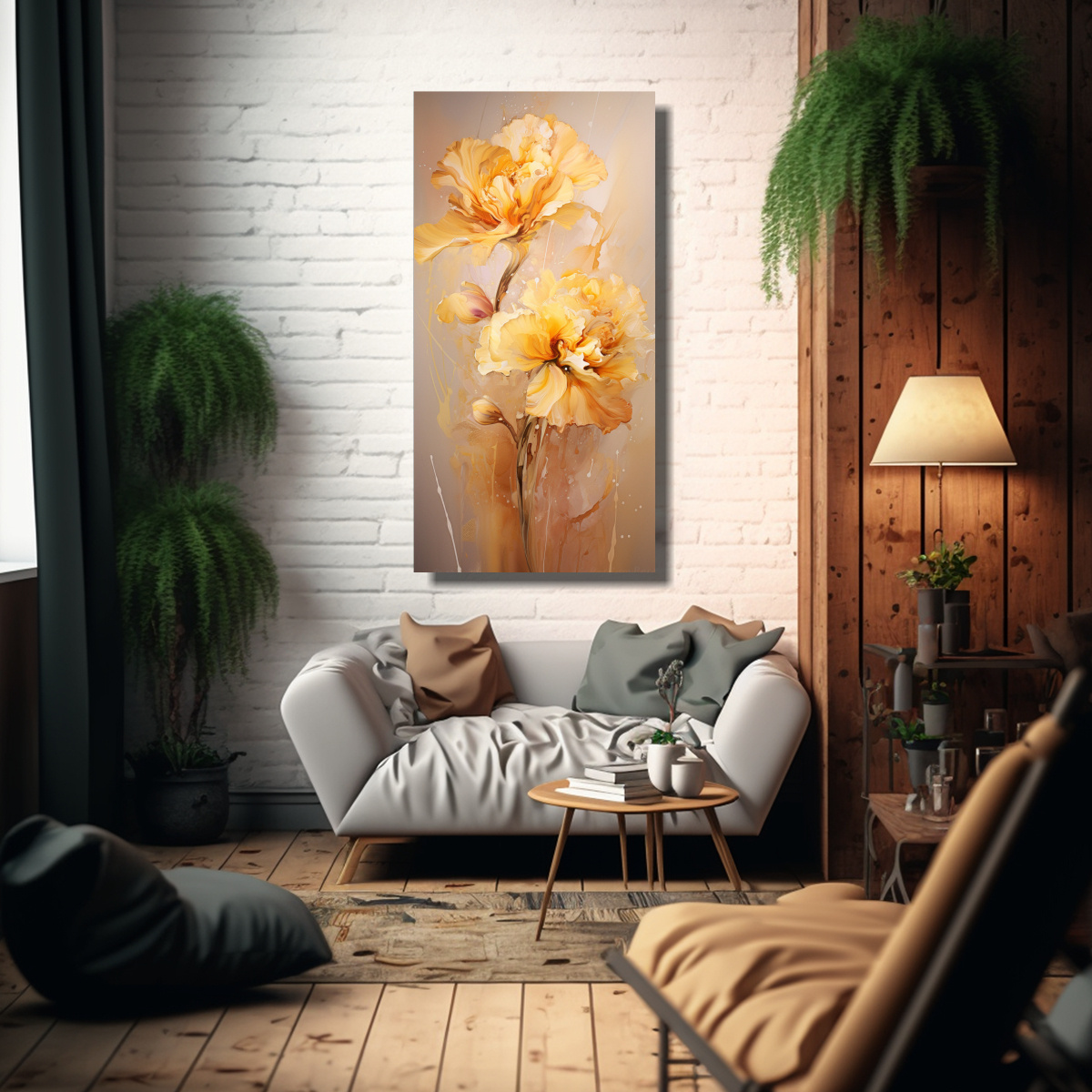 PINTURA ABSTRACTA DE FLORES EN COLORES DORADOS 30X60 CM - 2