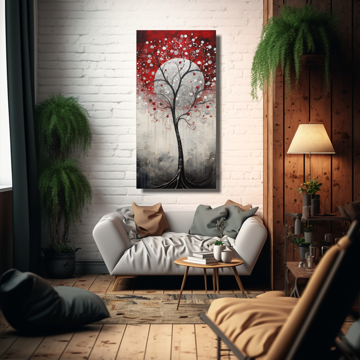 CUADRO MODERNO DE TELA ROJO Y PLATEADO CON ÁRBOL 80X160 CM - 2