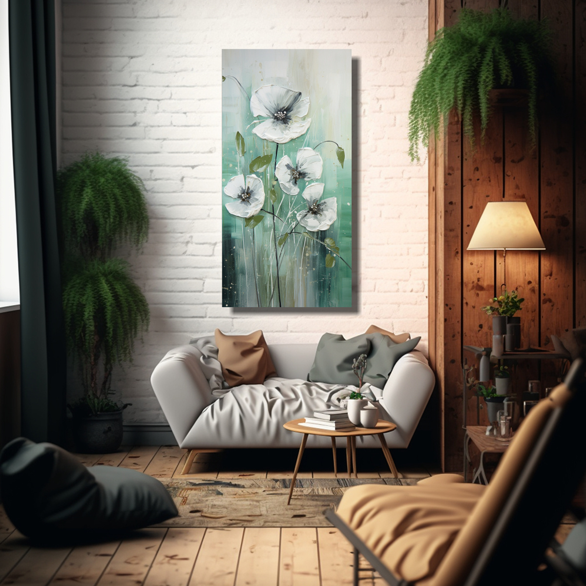 CUADRO CREATIVA ESCENARIO VERDE PLATA FLORES EN 60X120 CM - 2