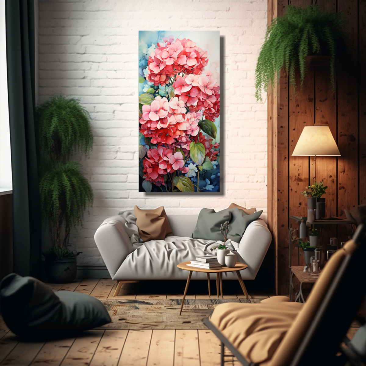 PINTURA ABSTRACTA DE FLORES HORTENSIAS VERDE Y 20X40 CM - 2