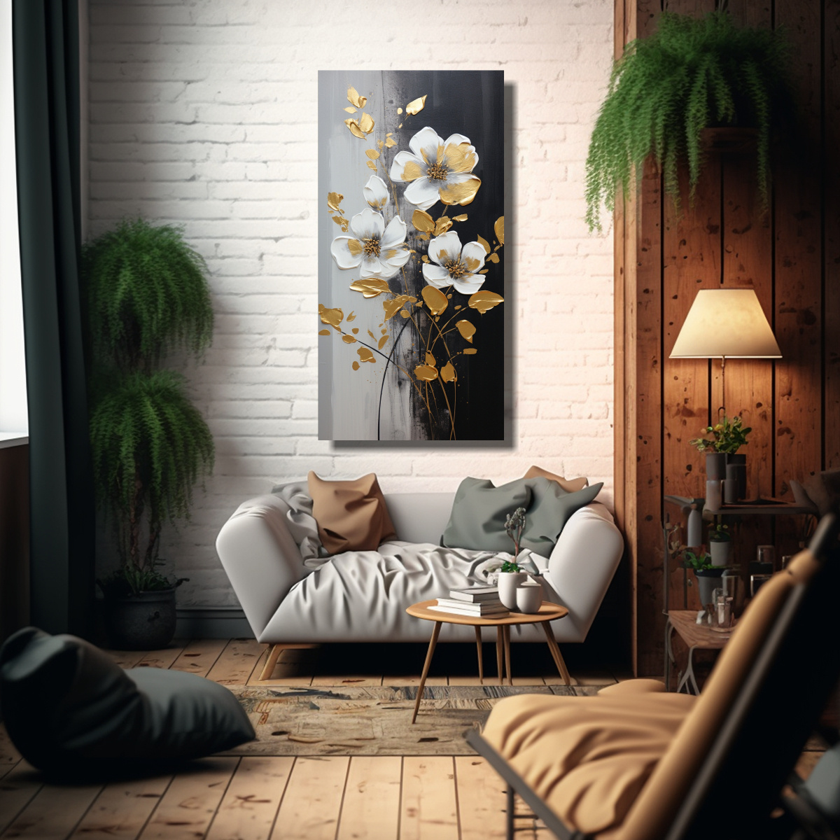 PINTURA SOBRE LIENZO DE FLORES EN COLORES ORO Y 50X100 CM - 2