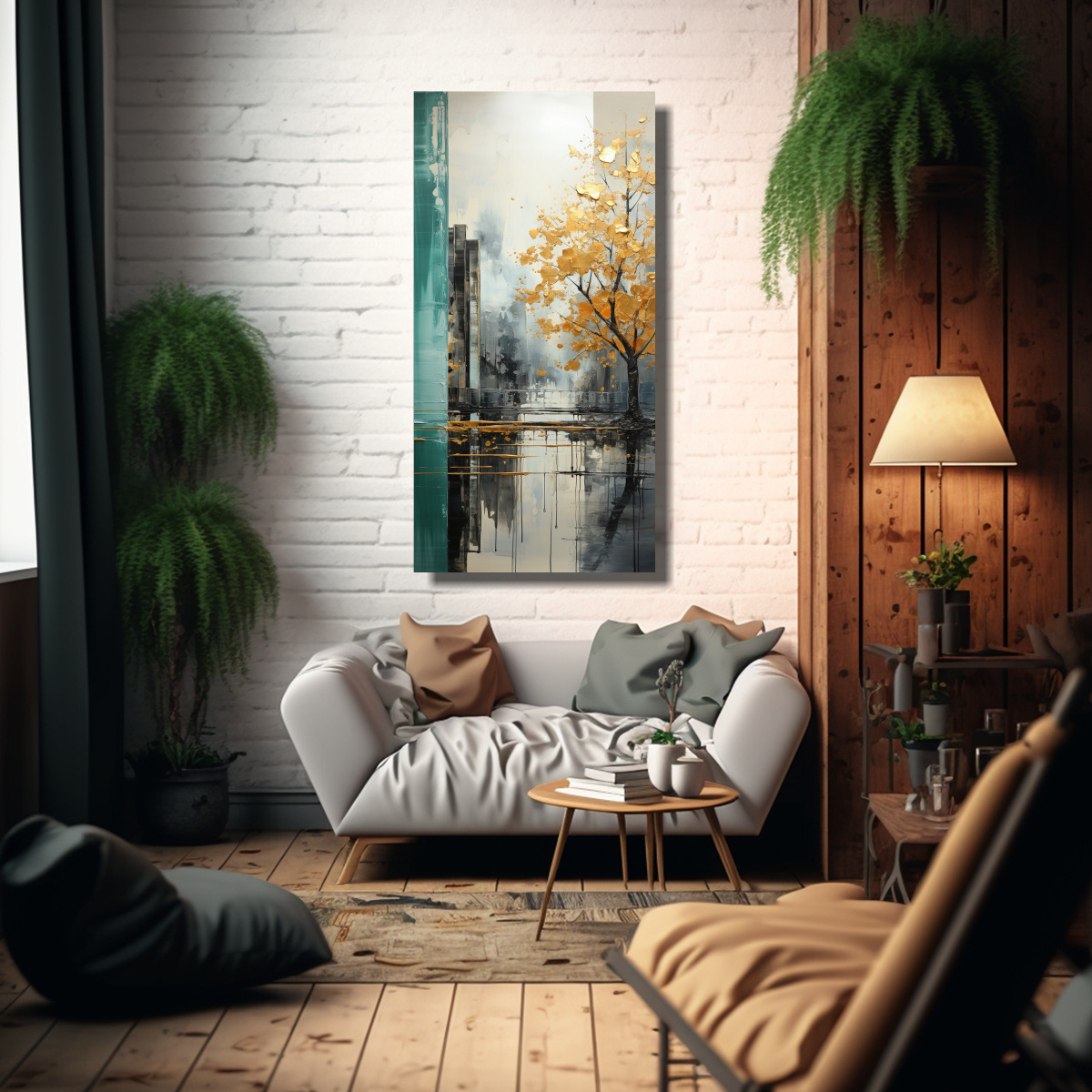 CUADRO DE ÁRBOLES EN PLATA Y ORO CON 70X140 CM - 2