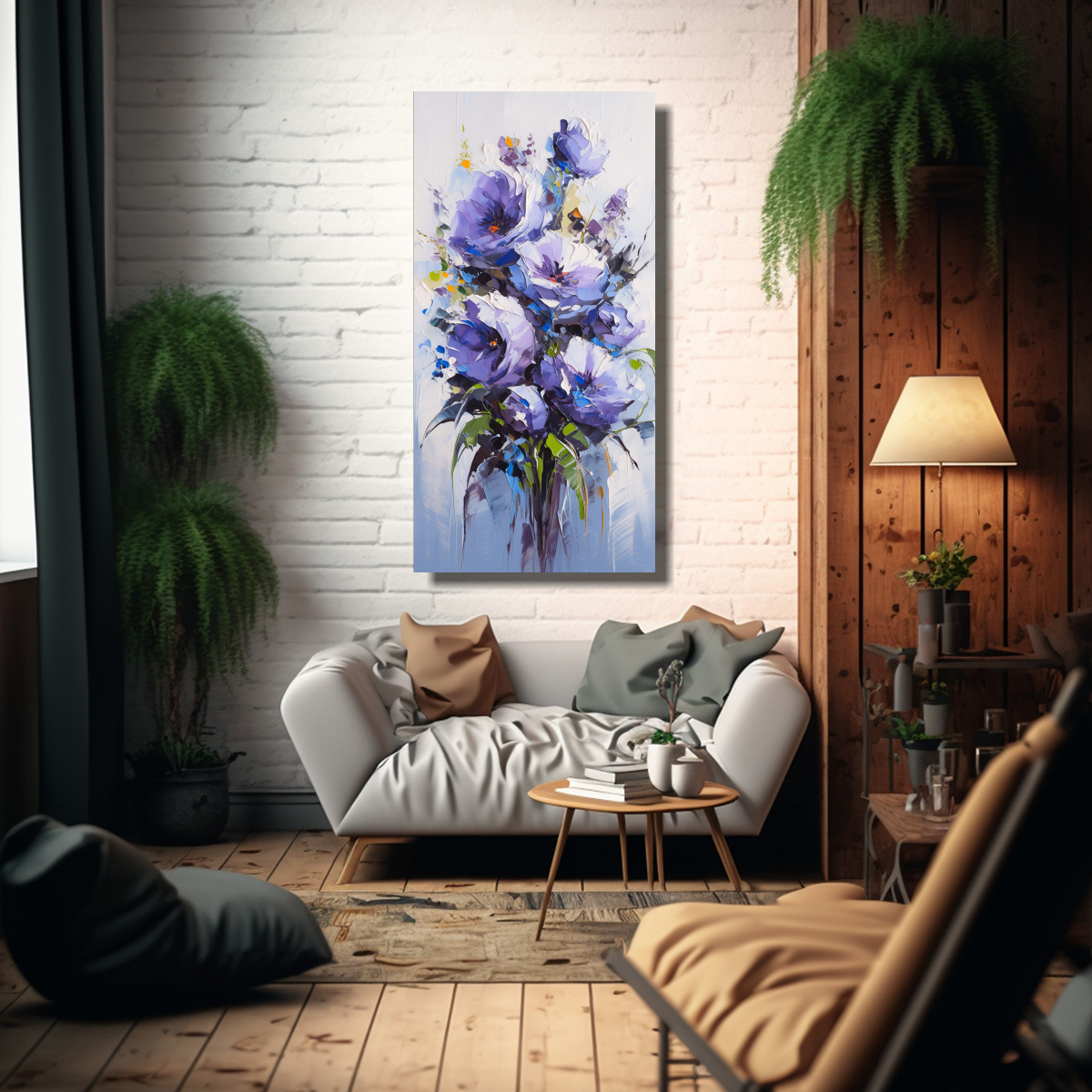 CUADRO FLORAL MORADO Y AZUL PARA DECORACIÓN DE 30X60 CM - 2